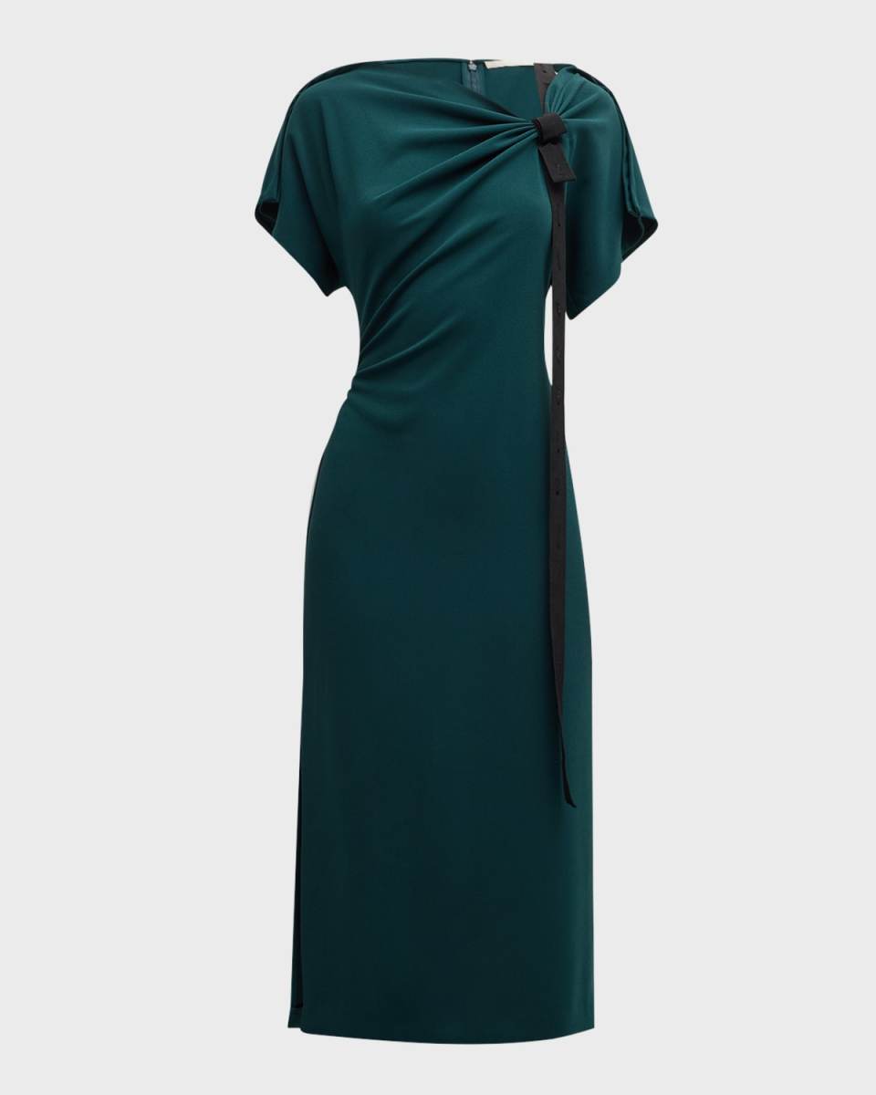 Draped Fluid Crepe Midi Dress with Tie Detail