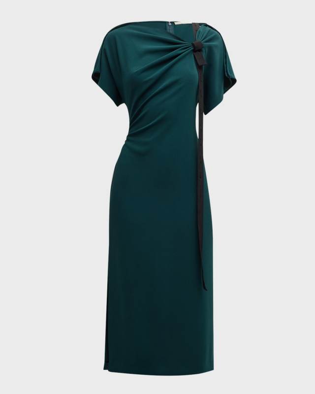 Draped Fluid Crepe Midi Dress with Tie Detail