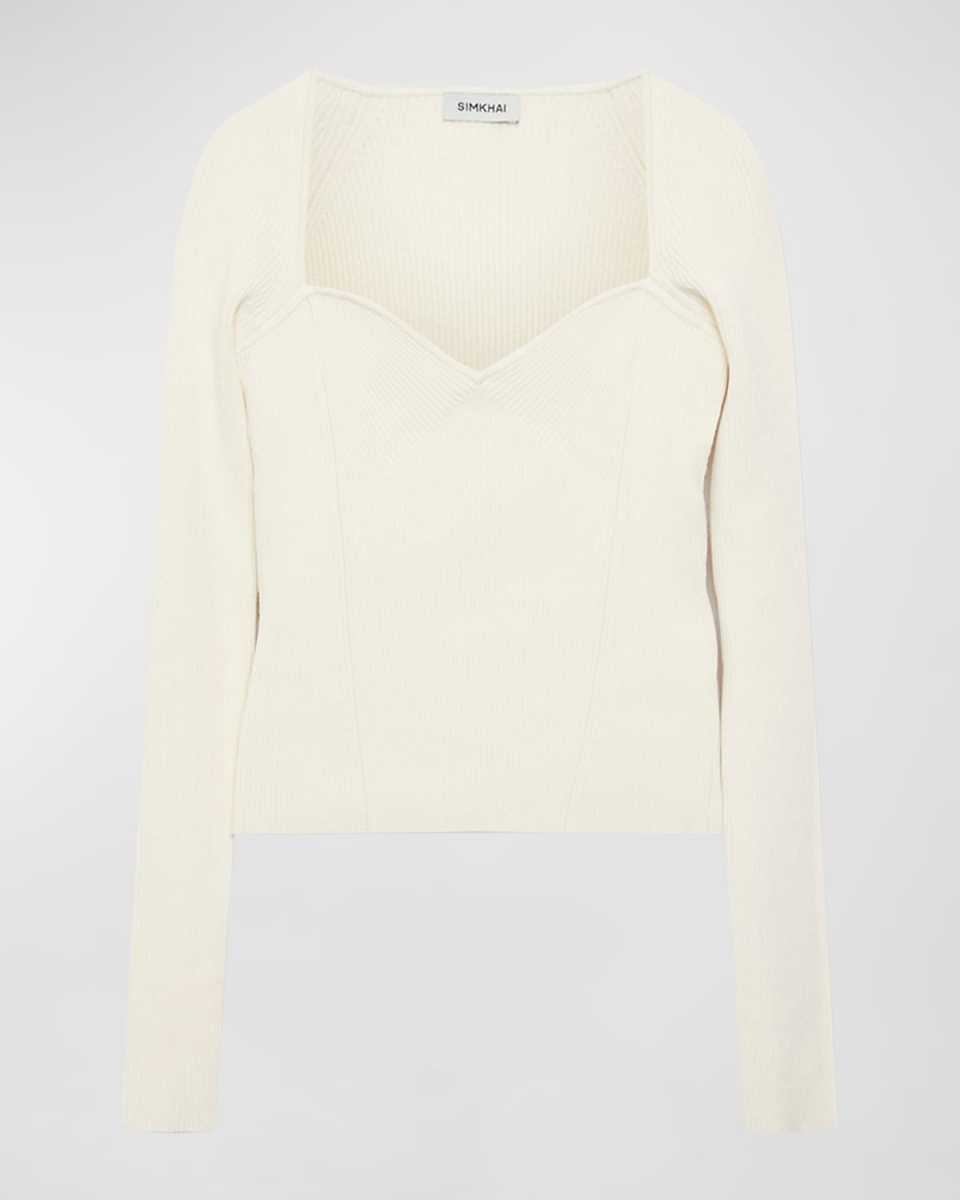 Giuliana Long-Sleeve Rib-Knit Sweetheart Top