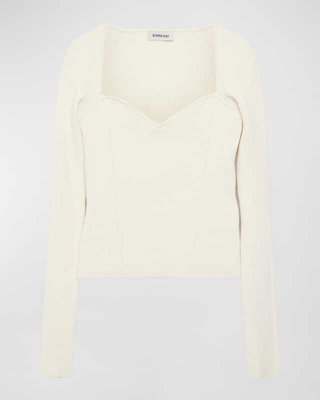 Giuliana Long-Sleeve Rib-Knit Sweetheart Top