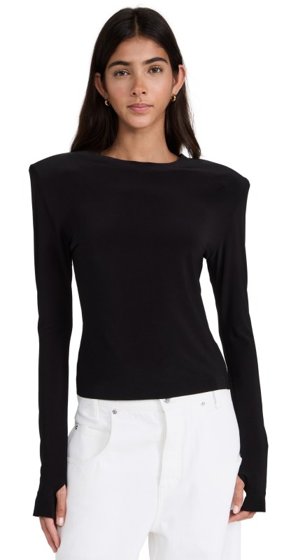 Norma Kamali Shoulder Pad Long Sleeve Crew Top Black