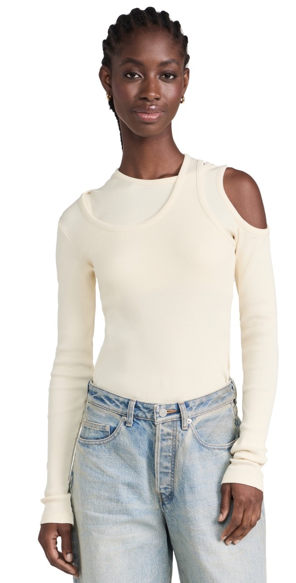 A. W.A. K.E. MODE Jersey Asymmetricong Sleeve Top Ivory