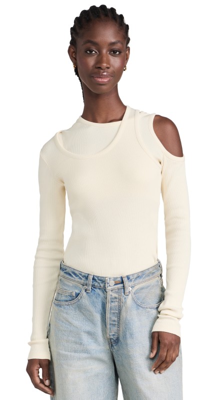 A. W.A. K.E. MODE Jersey Asymmetricong Sleeve Top Ivory
