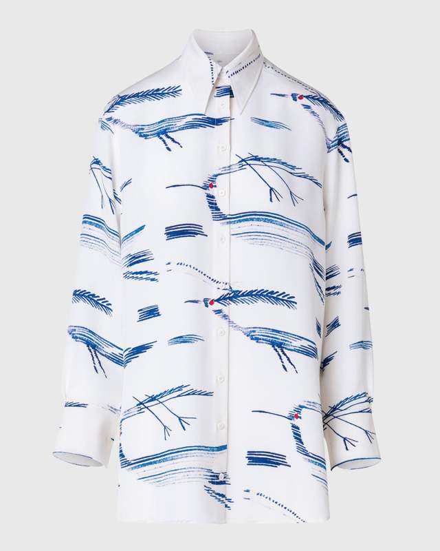 Silk Kasuri Birds Printed Button-Front Blouse