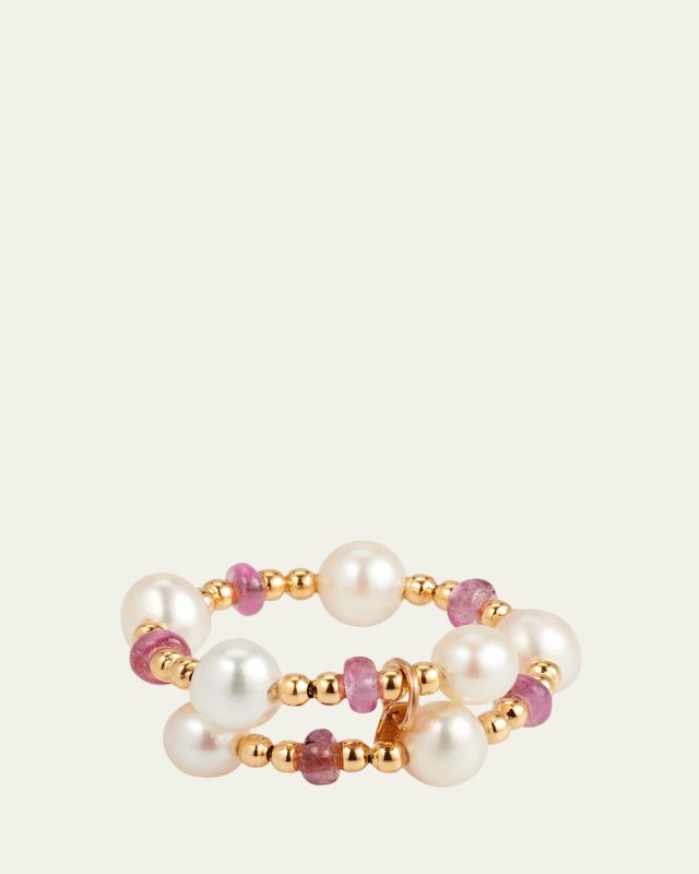 18K Yellow Gold Olokun Ruby and Pearl Beaded Ring