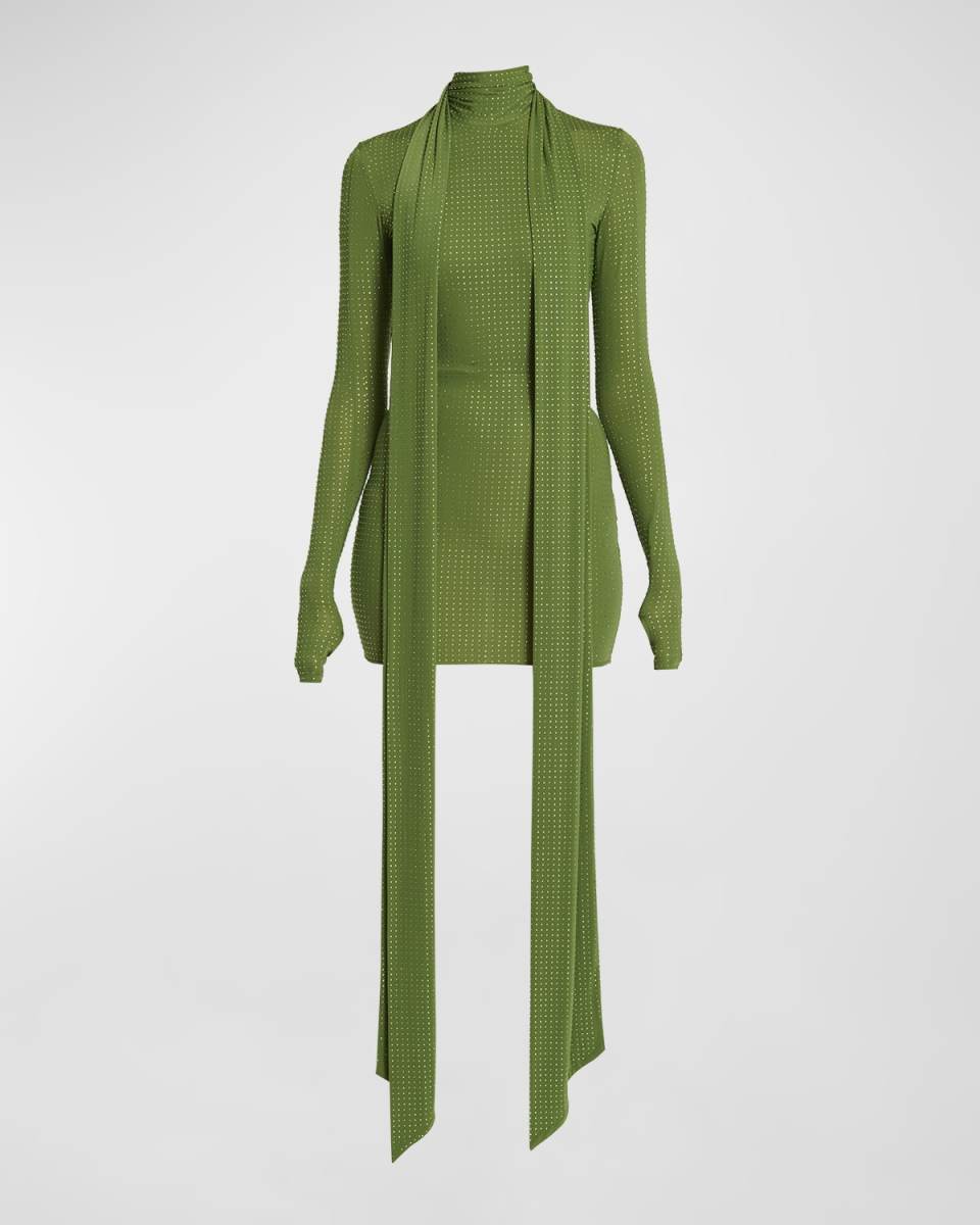 Crystal Embellished Long-Sleeve Scarf-Neck Mini Dress