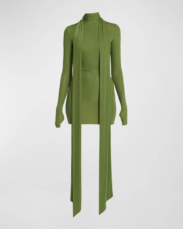 Crystal Embellished Long-Sleeve Scarf-Neck Mini Dress