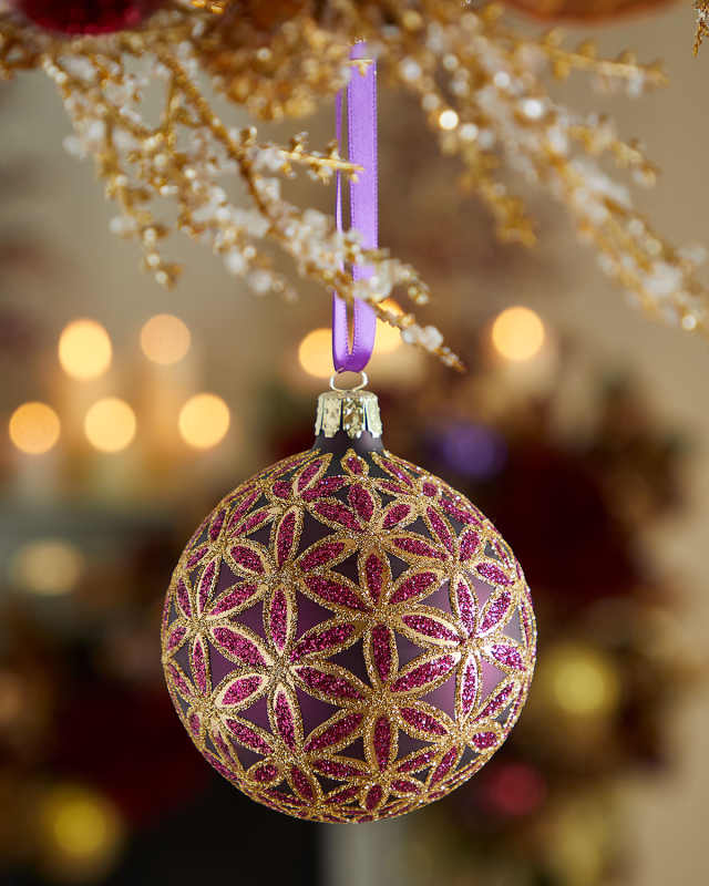 Glittery Floral Burgundy Christmas Ornament