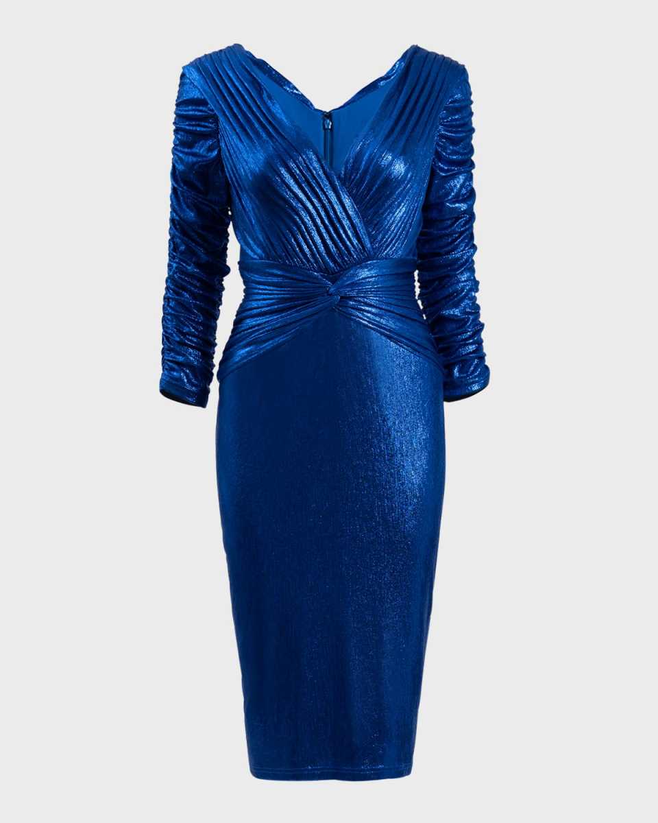 Pleated Bodycon Metallic Jersey Midi Dress