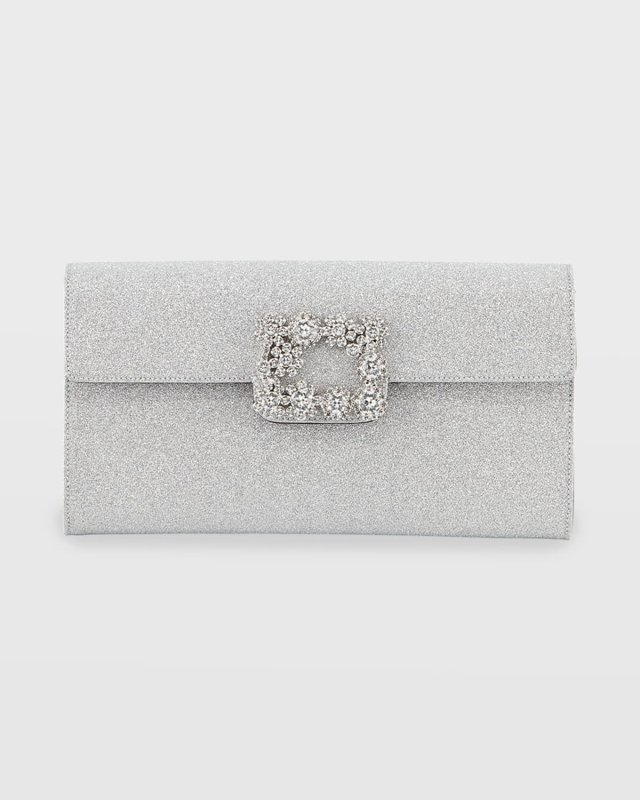 Floral Crystal-Buckle Glitter Fabric Envelope Clutch Bag