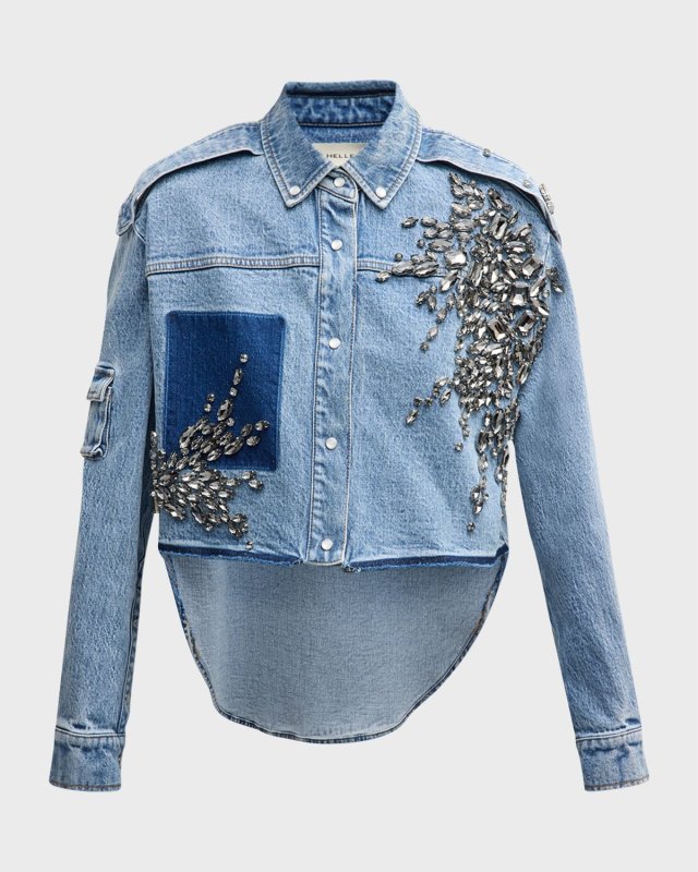 Trinity Crystal High-Low Denim Collared Shirt