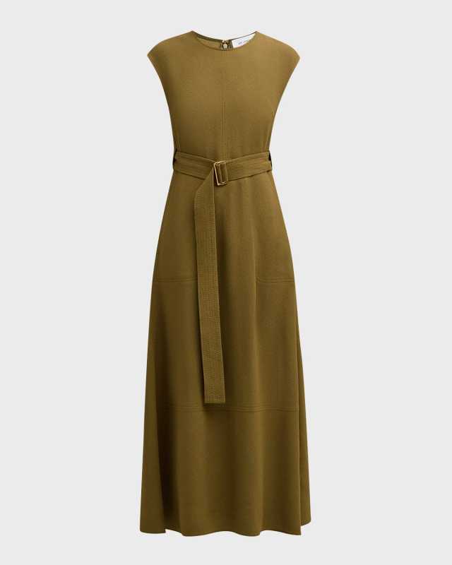 Cap-Sleeve Belted Textured Crepe Midi Dress