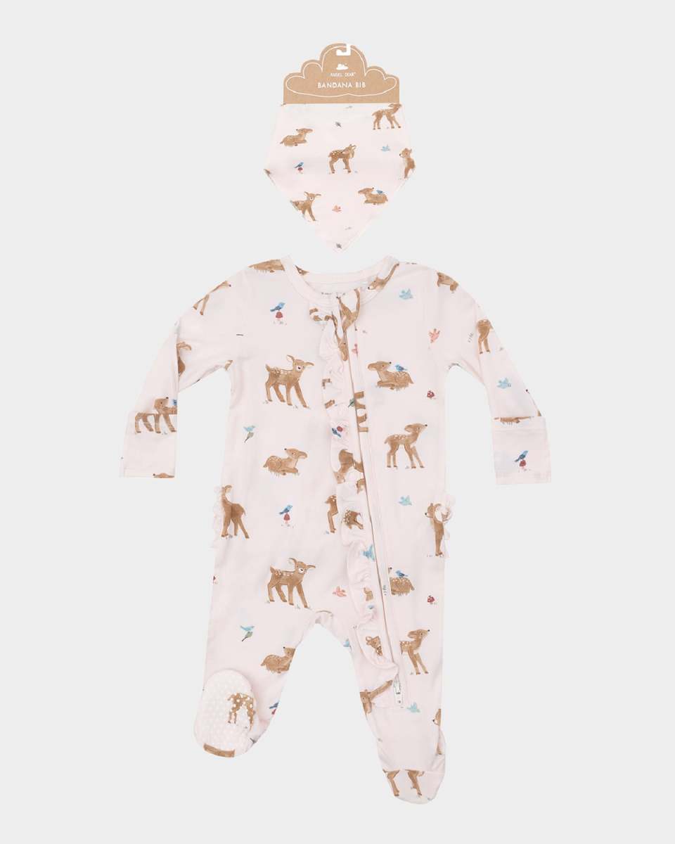Girl's Soft Deer Ruffle Footie W/ Bandana Bib Set, Size Newborn-9