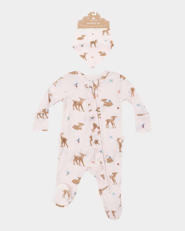 Girl's Soft Deer Ruffle Footie W/ Bandana Bib Set, Size Newborn-9