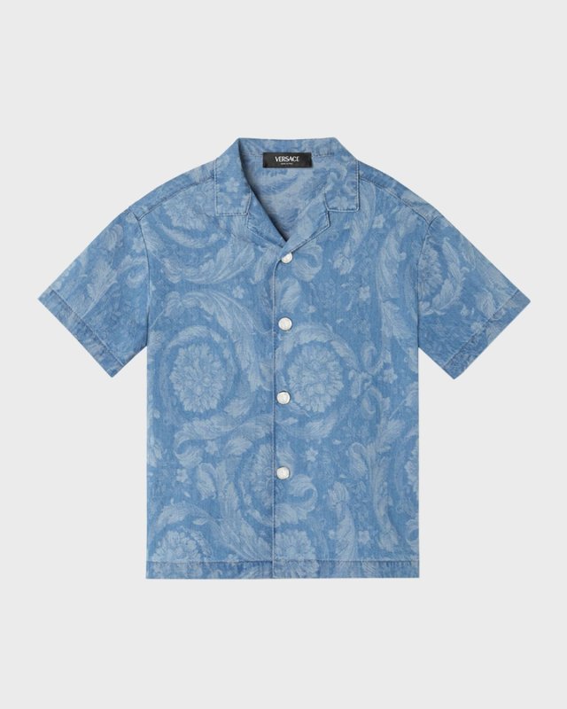 Boy's Chambray Barocco-Print Shirt, Size 8-14