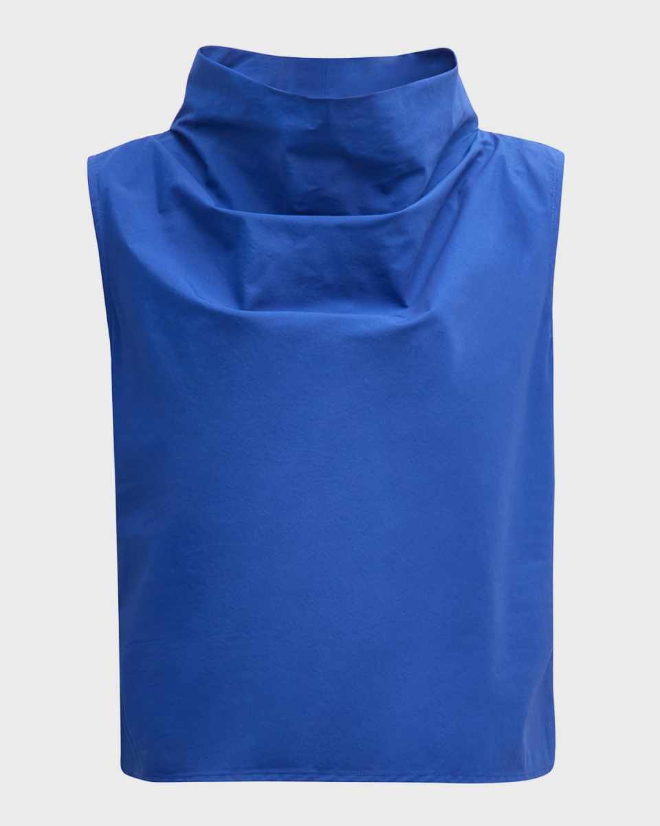 Sleeveless Funnel-Neck Cotton Poplin Shirt