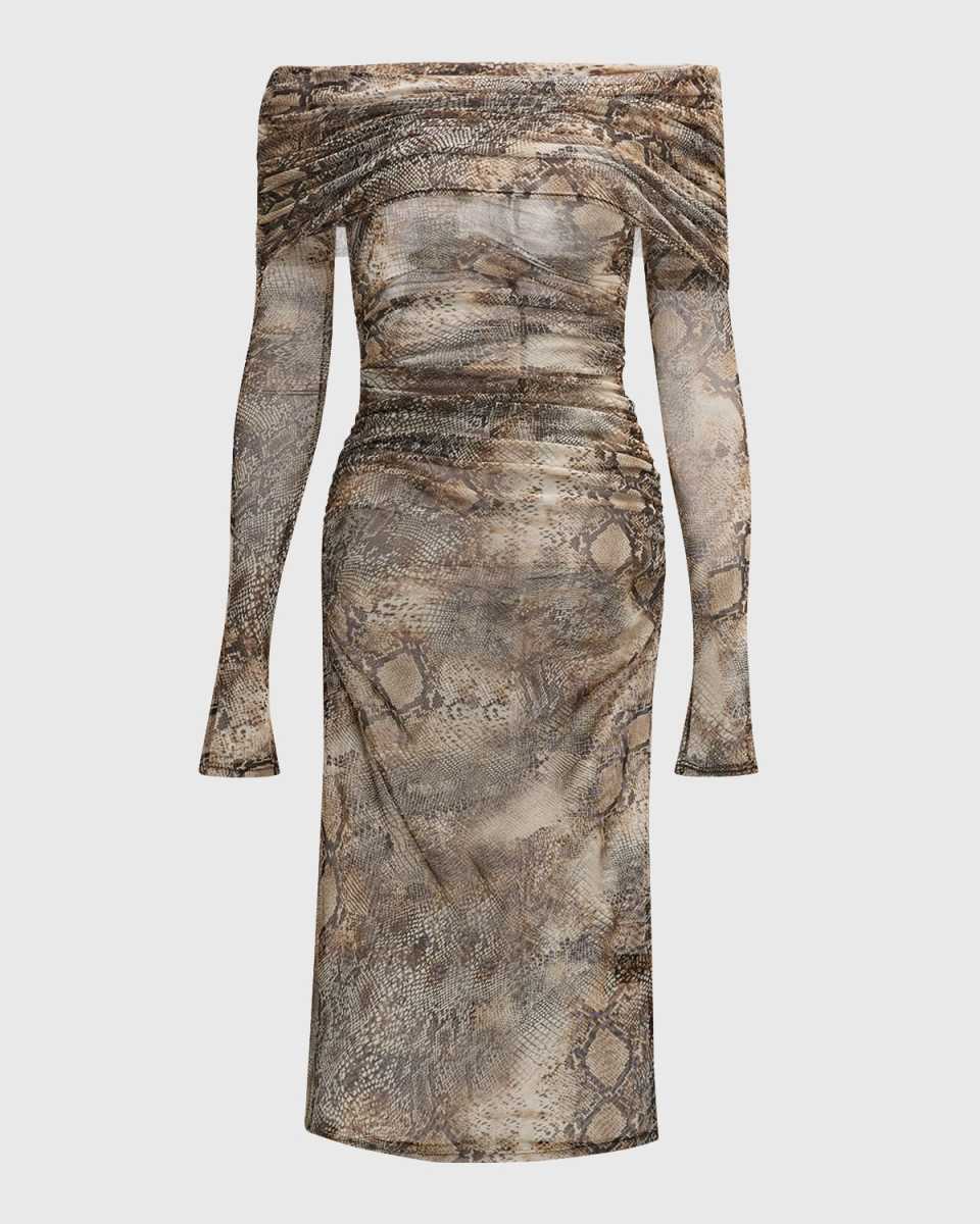 Snakeskin-Print Mesh Off-The-Shoulder Midi Dress