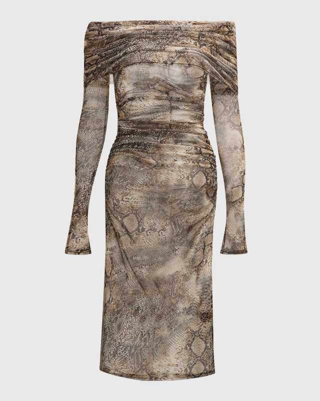 Snakeskin-Print Mesh Off-The-Shoulder Midi Dress