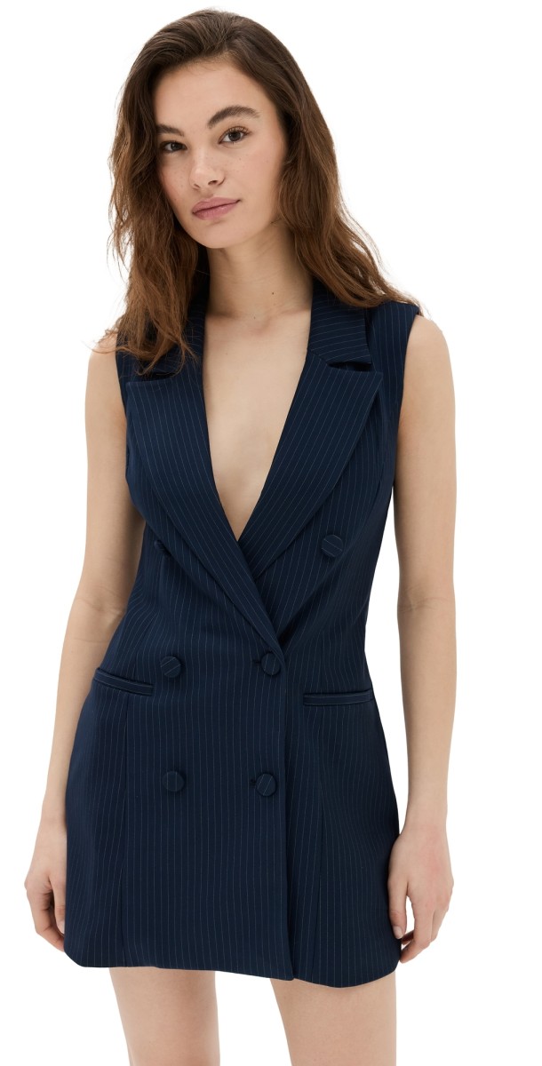 Good American Stripe Ponte Sleeveless Blazer Dress Ink Stripe001