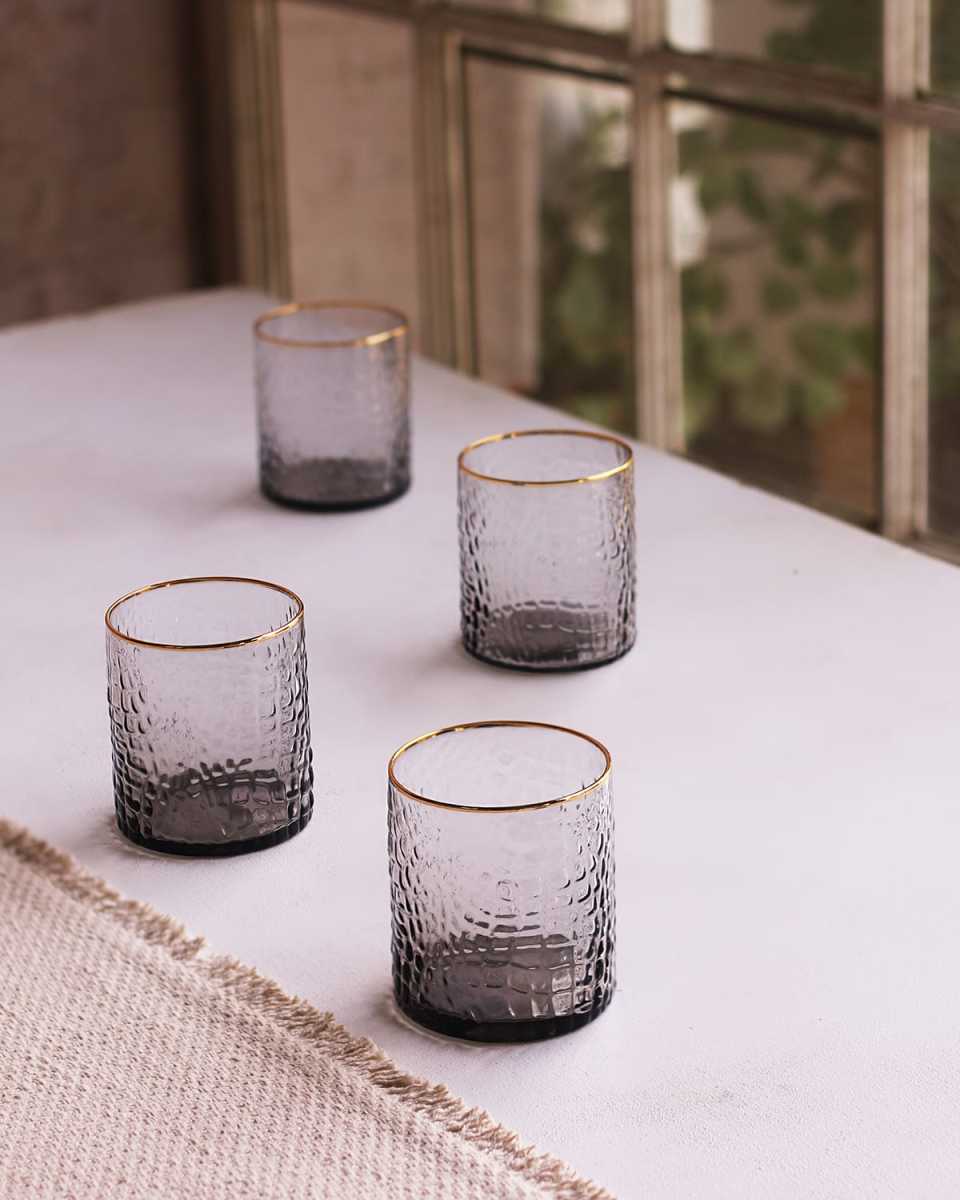 Glass Croc Smoke Double Old-Fashioned with Gold Rim, Set of 4
