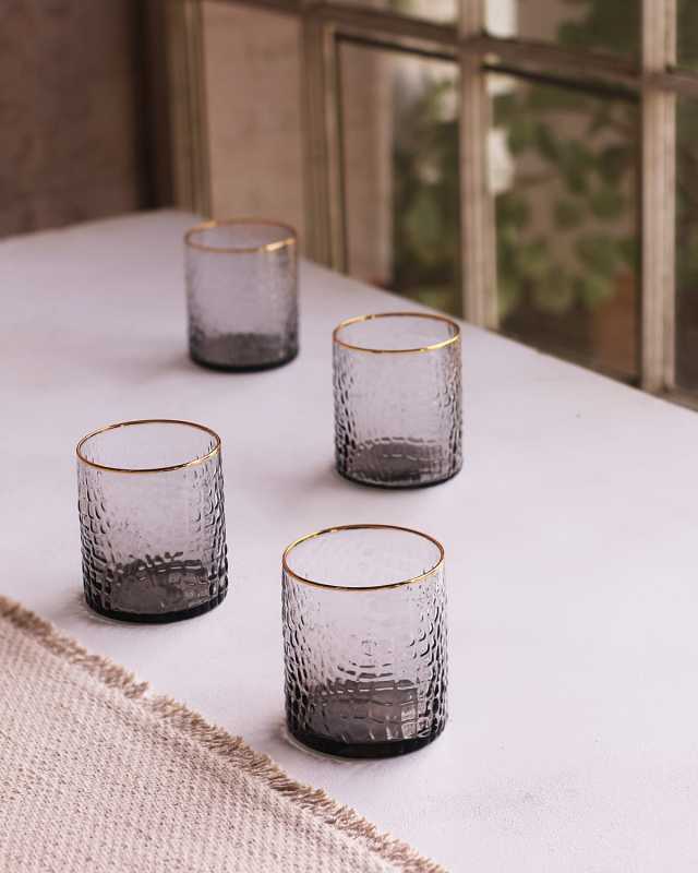 Glass Croc Smoke Double Old-Fashioned with Gold Rim, Set of 4