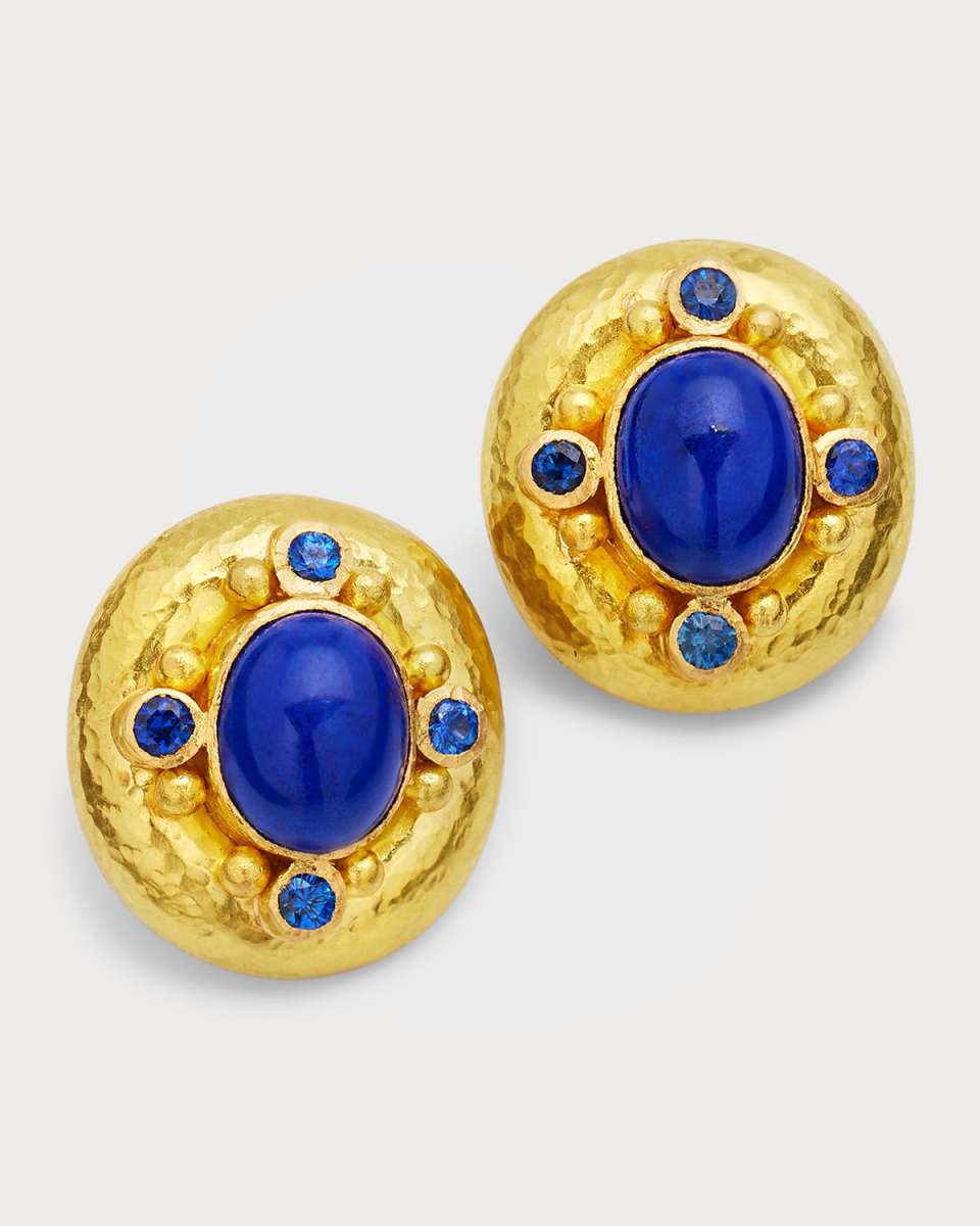 19K Lapis, Blue Sapphire and Gold Dot Earrings, 20x18mm