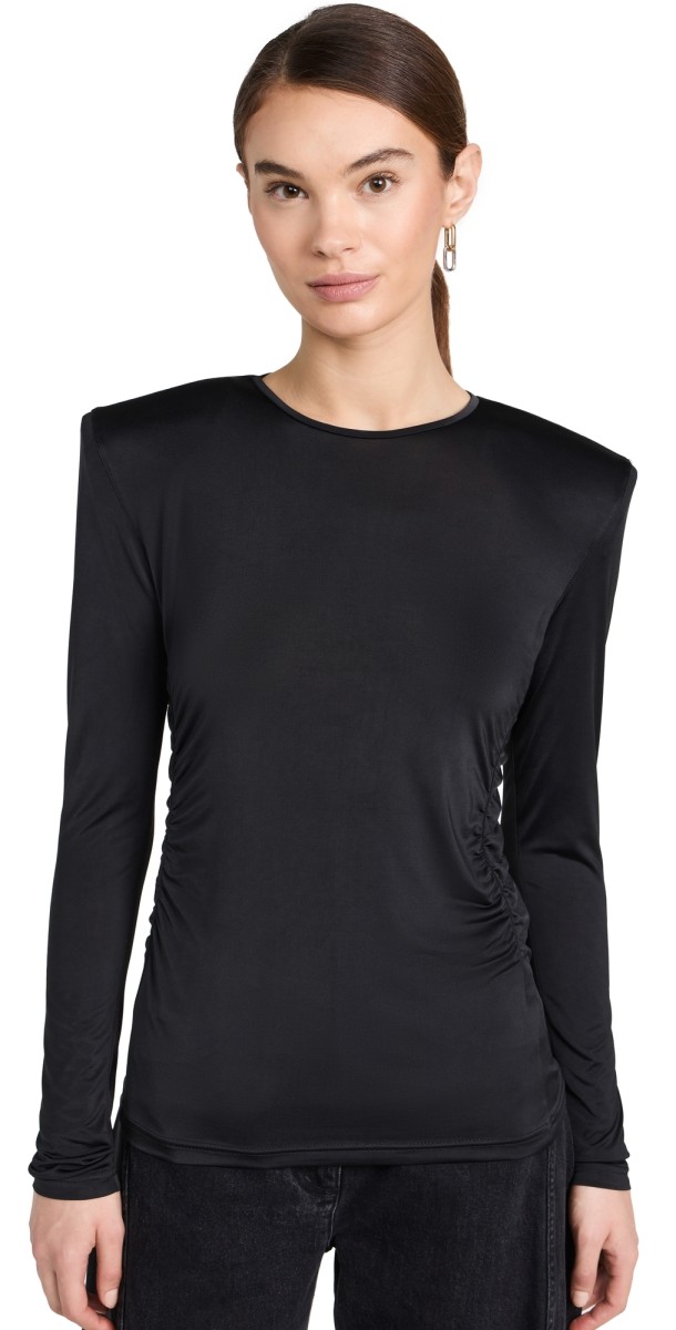 Tibi Micro Jersey Shoulderpad Fitted Crewneck Top Black