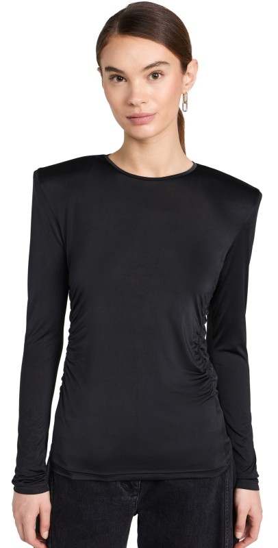 Tibi Micro Jersey Shoulderpad Fitted Crewneck Top Black