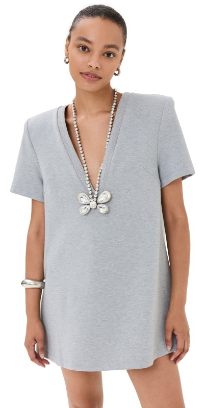 AREA Crystal Butterfly V Neck T-Shirt Dress Grey Melange