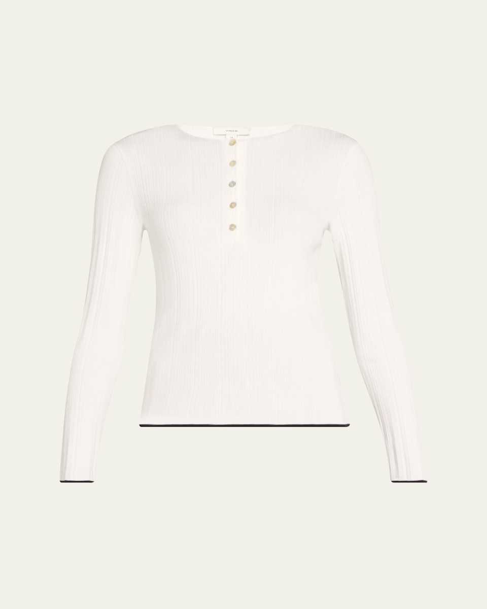 Tipped-Edge Long-Sleeve Henley Top