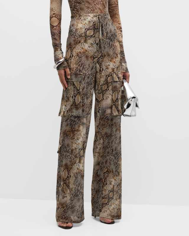 Mid-Rise Snakeskin-Print Mesh Straight-Leg Drawstring Cargo Pants