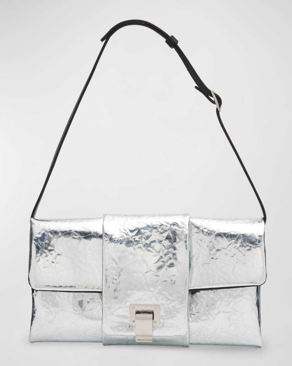 Flap Crinkled Metallic Leather Shoulder Bag