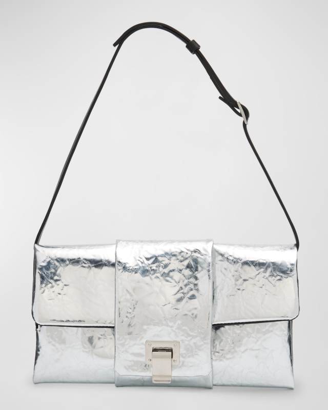 Flap Crinkled Metallic Leather Shoulder Bag