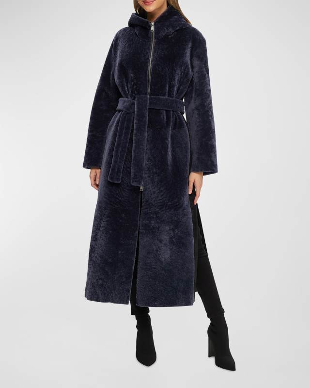 Reversible Lamb Shearling Belted Zip Parka Coat