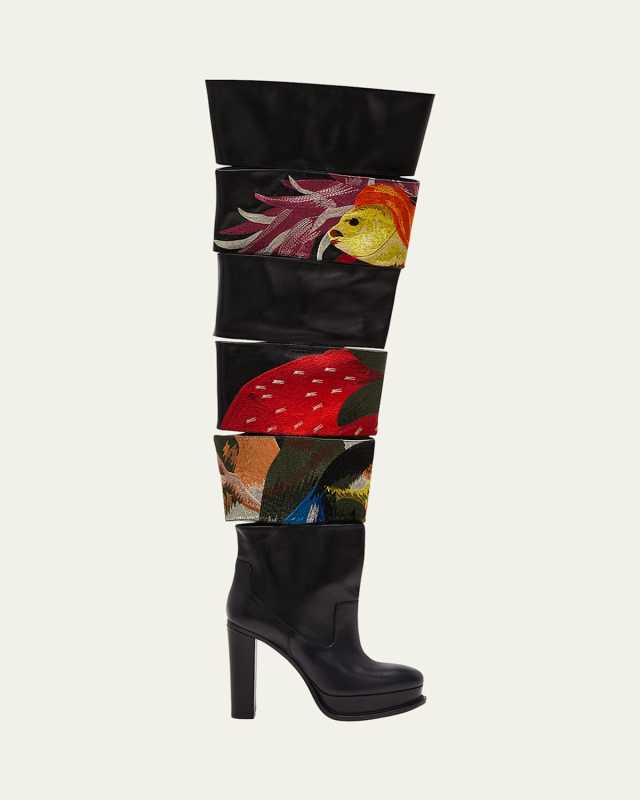 Slashed Embroidered Thigh-High Platform Boots