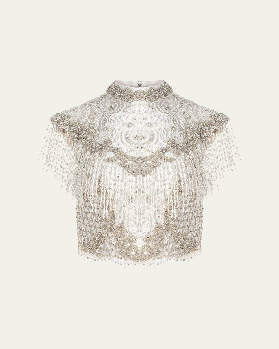 Pria Embellished Mock-Neck Fringe Top