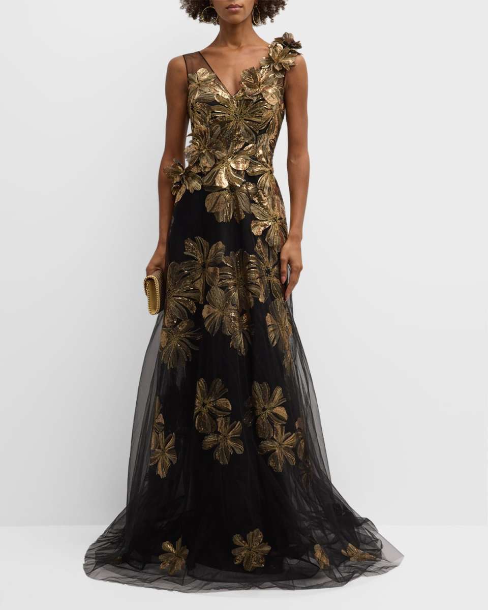 3D Sequin Floral Applique Tulle Gown