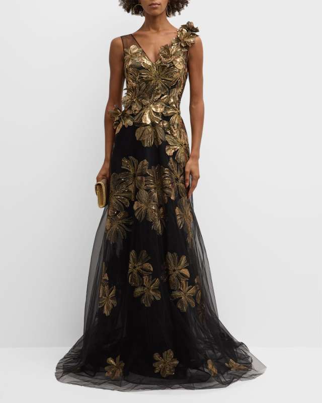 3D Sequin Floral Applique Tulle Gown