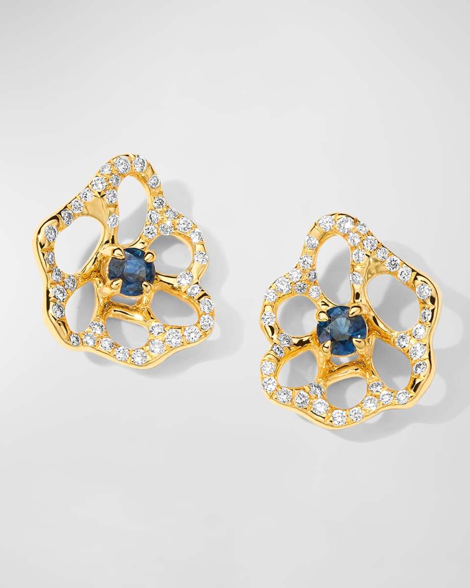 18K Stardust Drizzle Mini Flower Stud Earrings with Blue Sapphire and Diamonds