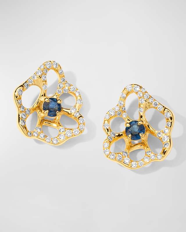 18K Stardust Drizzle Mini Flower Stud Earrings with Blue Sapphire and Diamonds