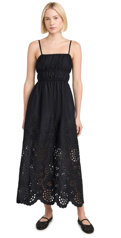 Madewell Embroidered Tank Midi Dress in Poplin True Black