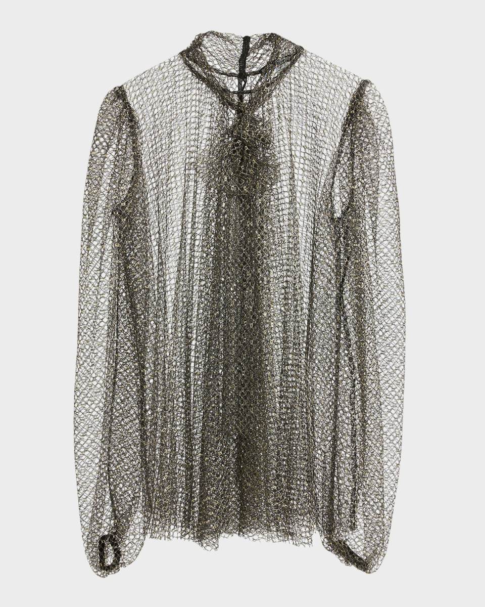 Metallic Fishnet Bow-Neck Shirt