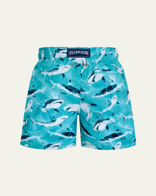 Boy's Shark-Print Packable Swim Trunks, Size 2-14
