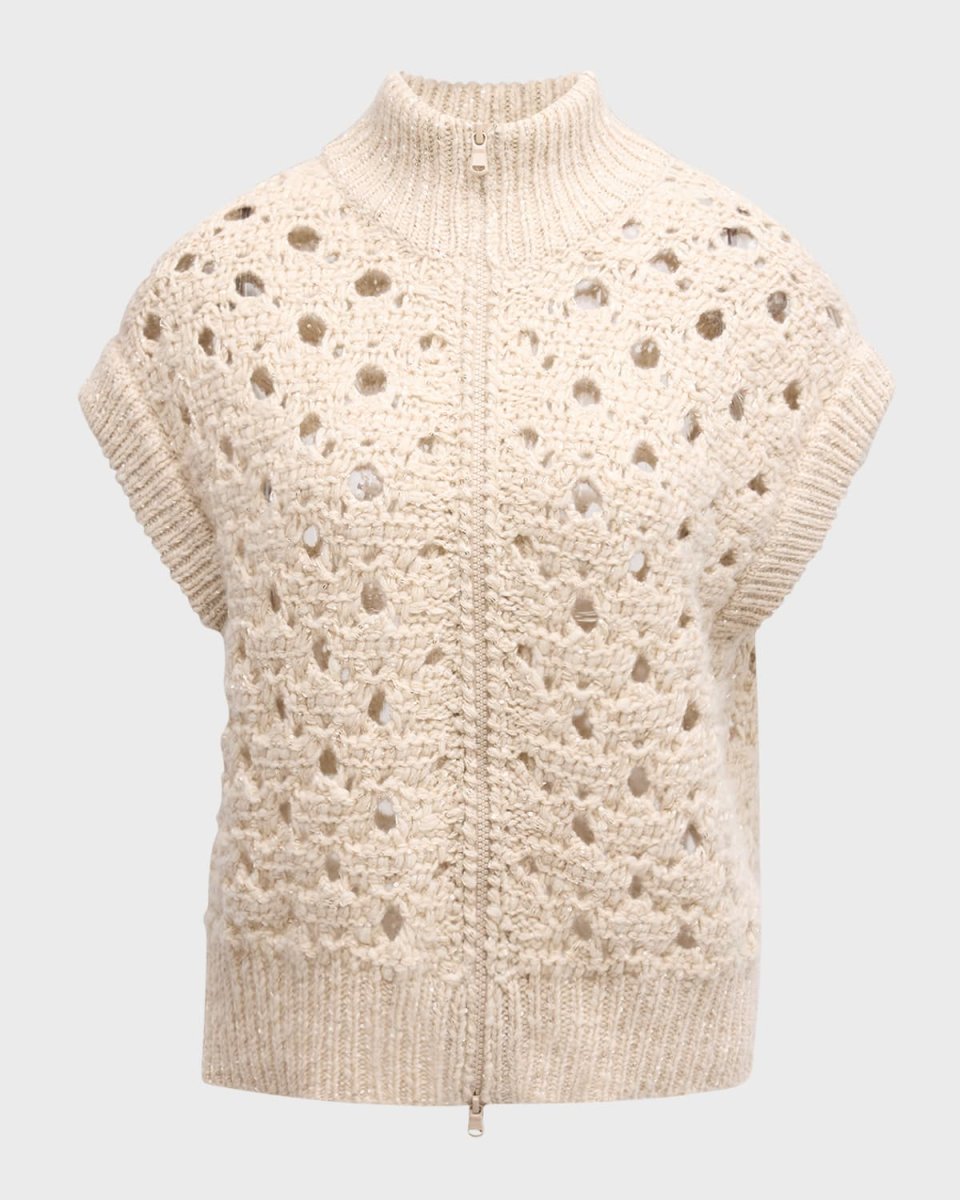 High-Neck Paillette Round Open-Weave Zip Cashmere Cardigan