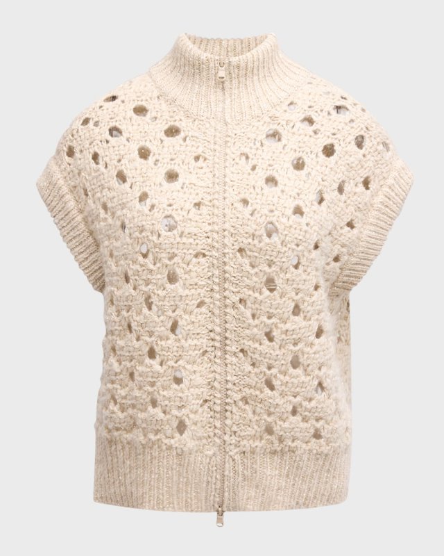 High-Neck Paillette Round Open-Weave Zip Cashmere Cardigan
