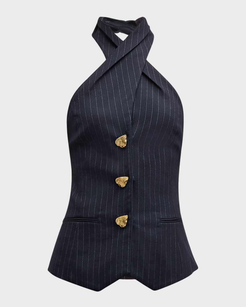 Halter Button-Front Pinstripe Tailored Blouse