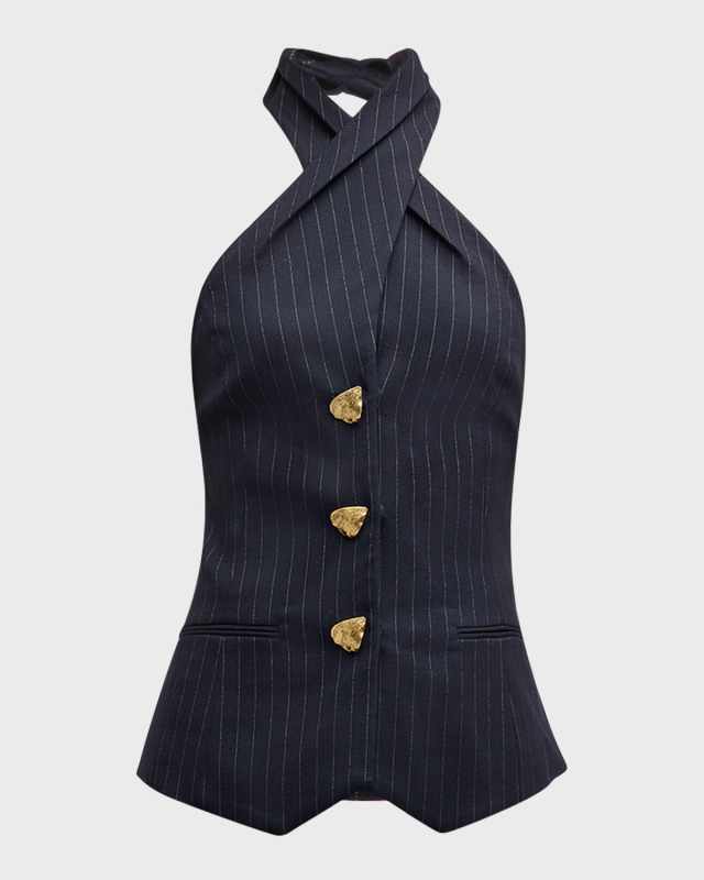 Halter Button-Front Pinstripe Tailored Blouse
