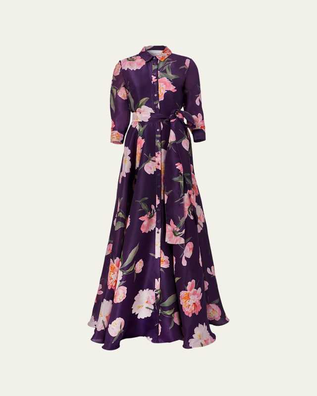 Floral Print Belted Trench Gown