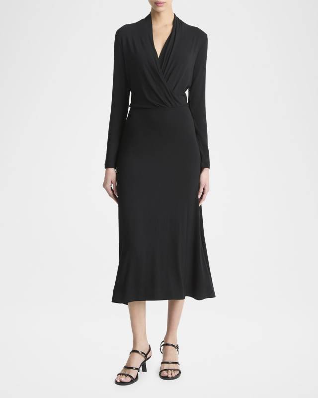 Long-Sleeve Crossover Midi Dress