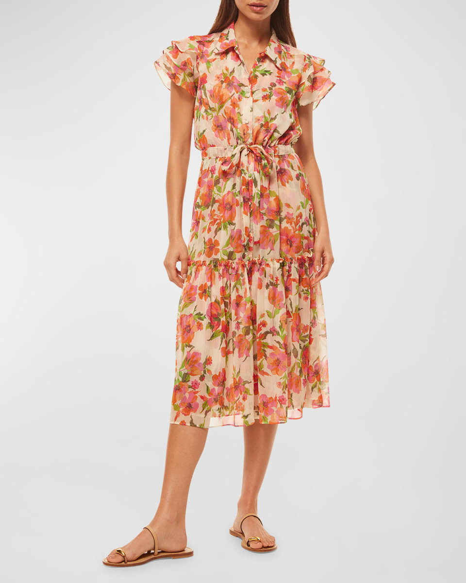 Viola Ruffle-Sleeve Tie-Waist Collared Midi Dress